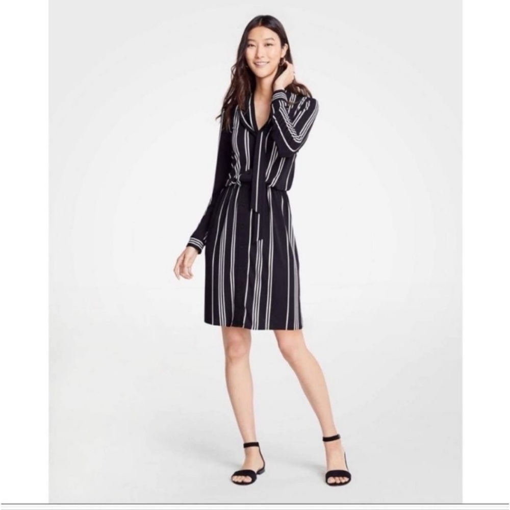 Ann Taylor minimalist contemporary neck tie stripe midi dress - Picture 3 of 14